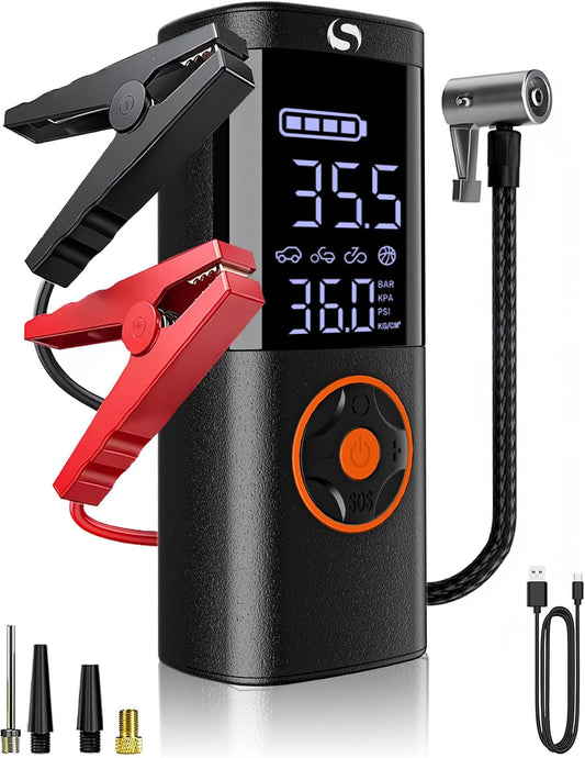 Jump Starter with Air Compressor, Jump Battery, Battery Jumper Starter Portable Jump Starter with LCD Display, Smart Jumper Cables, LED Light (Black)
